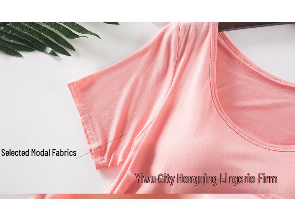 Women's Modal Short-Sleeve T-Shirt with Built-In Bra Cups, Solid Color, Ideal for Yoga, Home, or as a Base Layer Sports Top. No Separate Bra Needed.