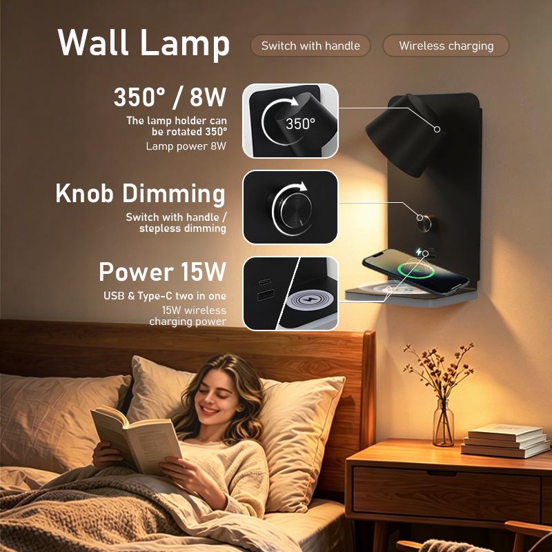 LED Wall Lamp with Wireless and USB Dual Charging Ports for Bedroom and Hotel Reading