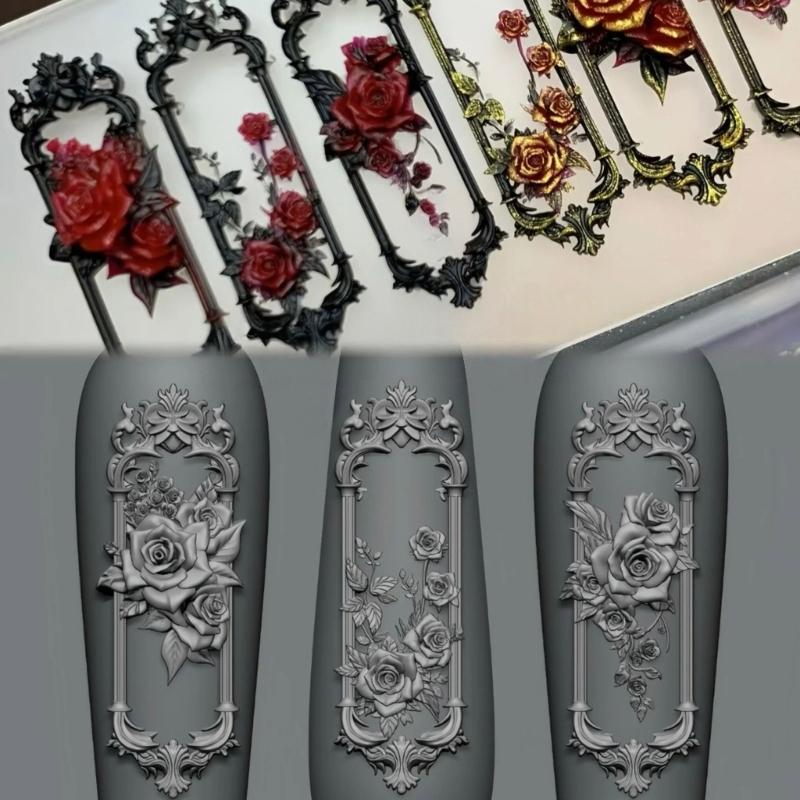 Nail Art Silicone Stamp Mold for Party and Salon Rose Window Shaped Manicure Mould Embossed Nail Stencils for Women
