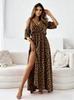 Women Leopard Print Maxi Dress - Summer Spaghetti Strap Off Shoulder V Neck High Slit Long Dress, Casual Party Beach Sundress
