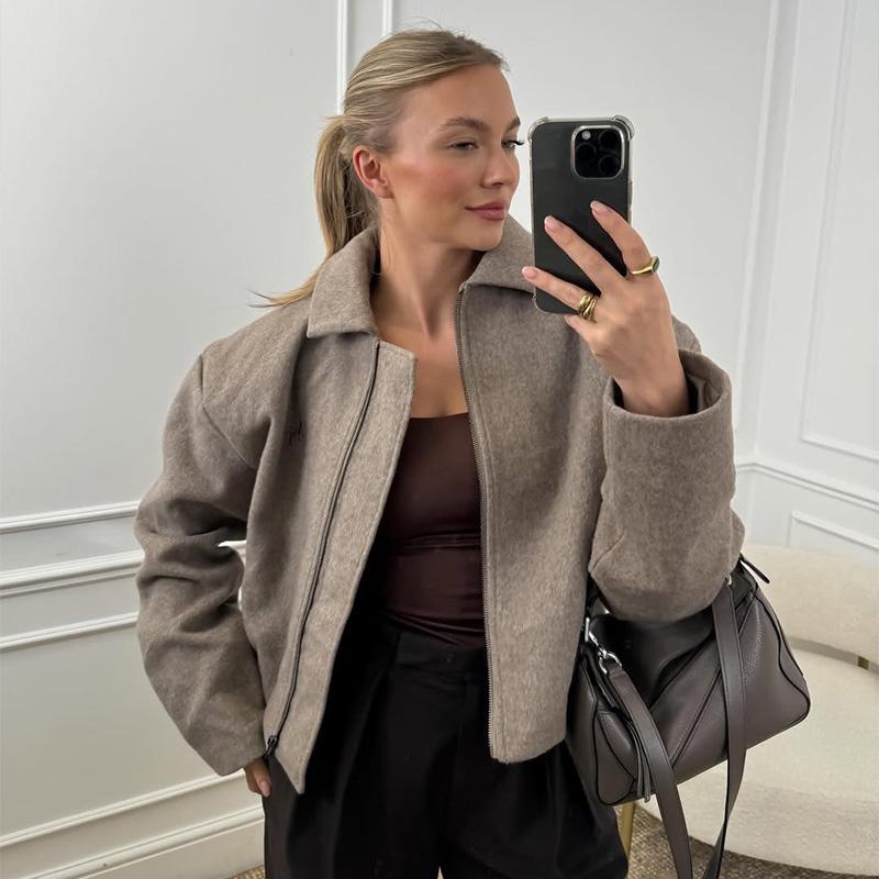 Lapel Faux Woolen Short Coat Women's Long Sleeved Zipper Jacket Commut Fashion Simple Versatile Solid Color Jackets 2026 New Spring