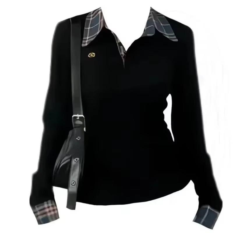 Polo Kragen Kariert Patchwork Stickerei T-Shirts Frühling Herbst Fake Zweiteiler Schlank High Street Mode Lässig Damenbekleidung