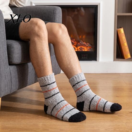 Skiing Thermal Layer Socks Thickened Coral Fleece for Men, Striped Mid-calf Socks, Soft Non-slip Cozy Winter Hosiery Fuzzy Crew Winter, Cold