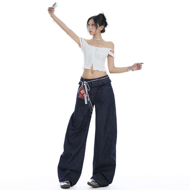 

Wood Ear Trim Double Waistband American Spicy Girl Curved Leg Washed Slimming Versatile Denim Pants for Women Small