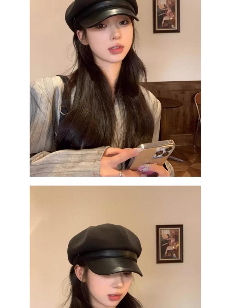 Novo Boina Octogonal Feminina 2025 – Preto, Ajuste para Cabeça Grande, Tendência Artística Outono/Inverno, Estilo Pintor de Rosto Pequeno