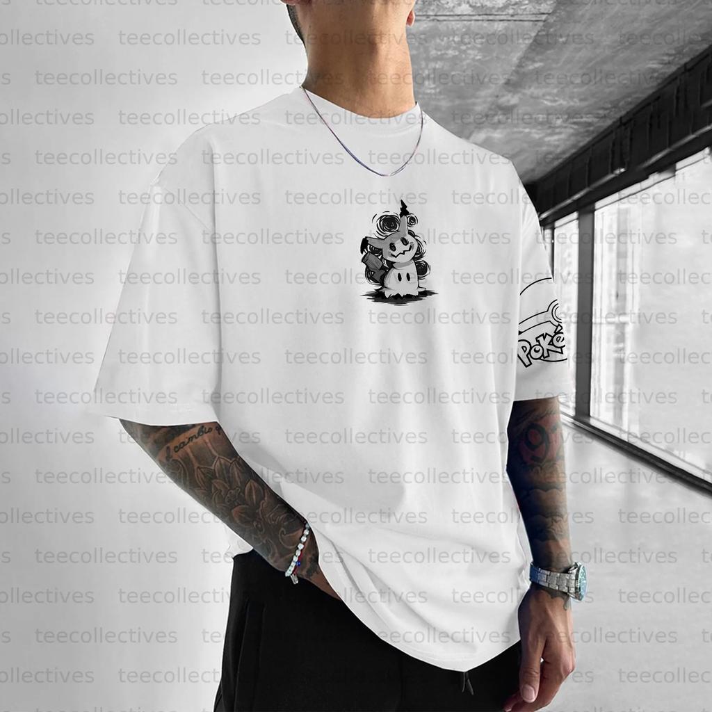 T Shirt Men Cotton Short Sleeve Tops Summer Graphic Tees White Base Ghost Type Character Chest Print Pokemon