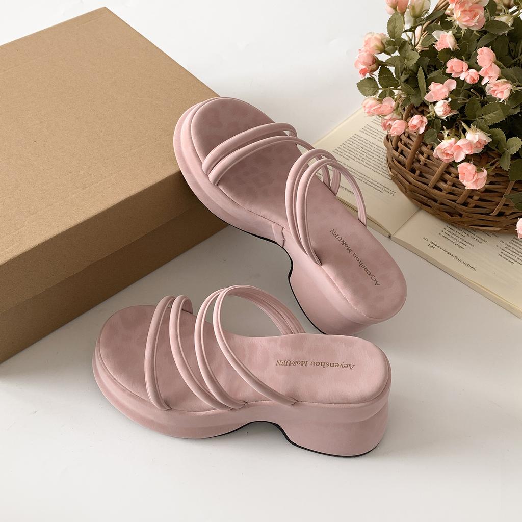Pink Retro Slope Heel Thick Bottom Heightened One-word Slippers for Women's Summer Wear 2025 New Models with Skirts French Cool Slippers