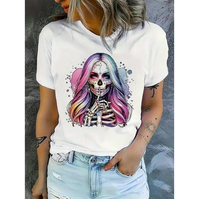Women's Gothic Skull & Floral Print Crew Neck T-Shirt - White with Pink & Blue 2D Flat Graphic, Loose Fit Casual Round Neck Top F