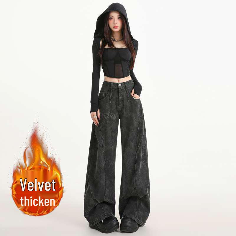 Women s Trendy Velvet Thickened Wide-Leg Printed Pants for Autumn/Winter L