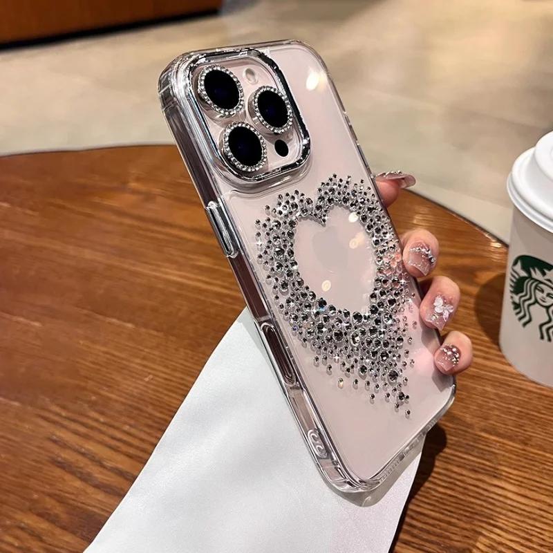 Luxury 3D Diamond Love Heart Phone Case For iPhone 17 Air 16 15 14 13 Pro Max Sparkling Rhinestone Clear Shockproof Bumper Cover