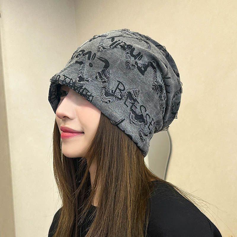 Korean Style Double Layer Graffiti Letter Frayed Women's Beanie - Breathable & Thin Postpartum Head Covering