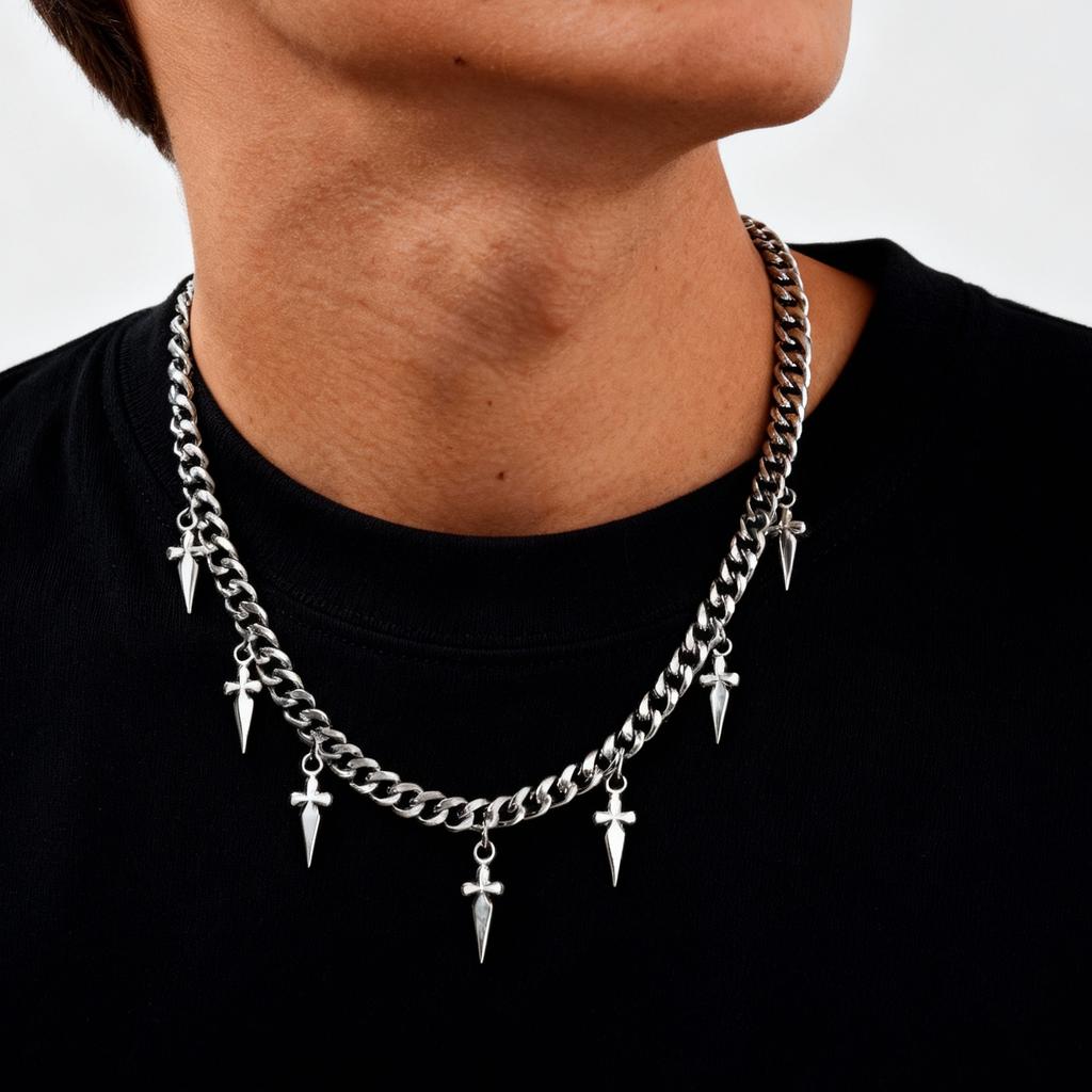 Punk Small Sword Shape Pendant Necklace for Men,7mm Stainless Steel Chunky Cuban Chain Choker,Cool Hip Hop Gothic Jewelry Gifts