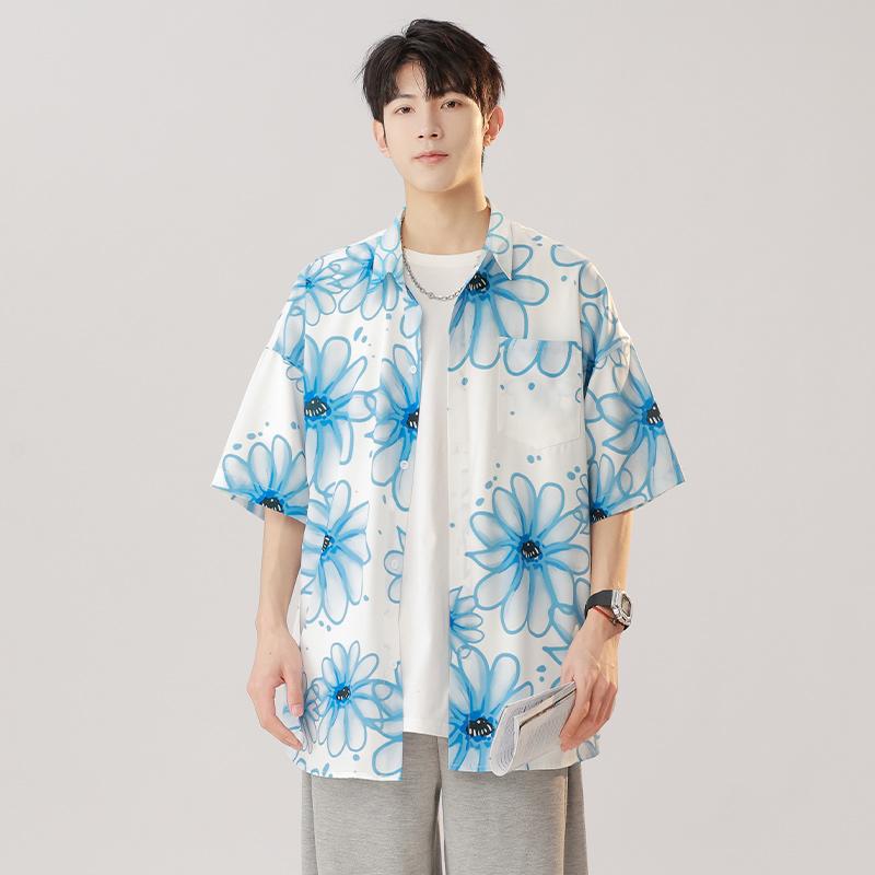 Short sleeved shirt for men in summer, ice silk ins port style, rugged and handsome, half sleeved wide pine flower shirt jacket