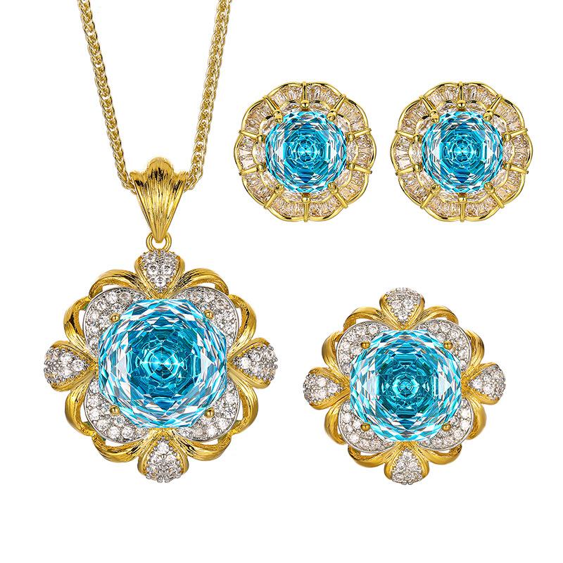 Jewelry Copper Bottom Gold-Plated Simulation Sea Blue Retro Brushed Light Luxury Suit Women 16-14M