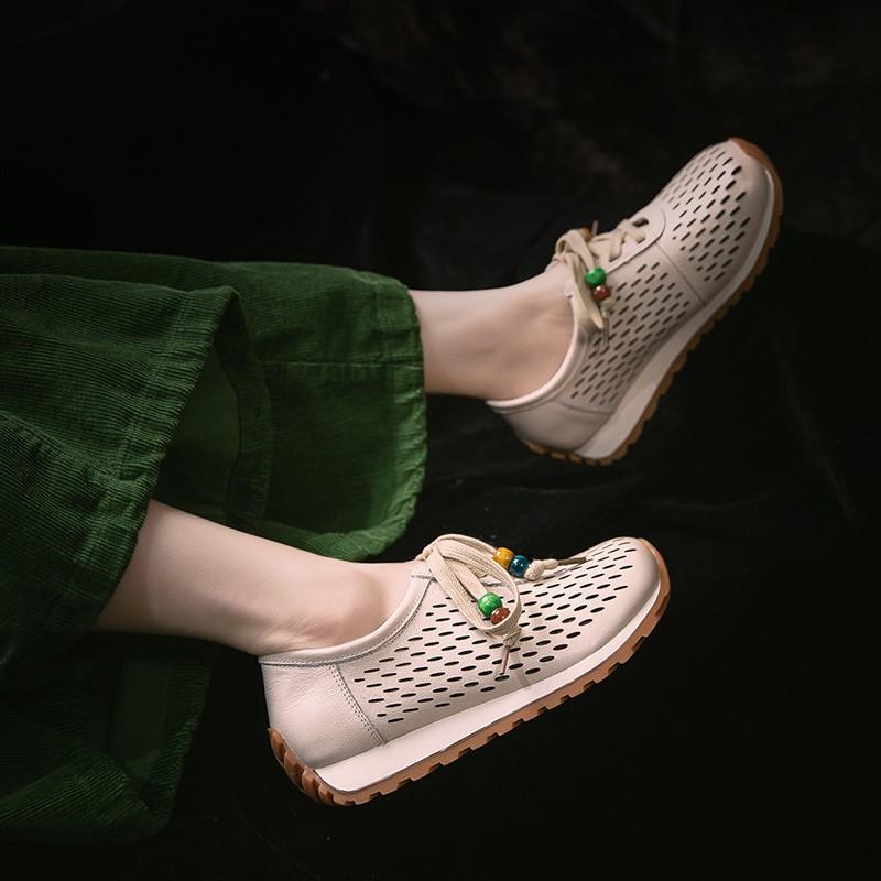 Johnature Genuine Leather Hollow-out Breathable Casual Shoes Lightweight Versatile Lace Up Women's Flat Shoes