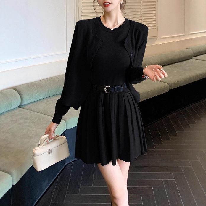 

Women s Knitted Cardigan & Dress Set: Soft Versatile Autumn/Winter Two-Piece with Round Neck Sweater Coat and Pleated Spaghetti Strap Vest Dress One Size чёрный