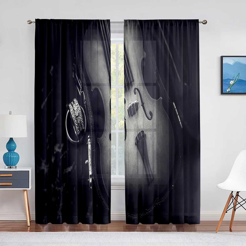 Vintage Fiolin på Trä Skira Voilgardiner för Vardagsrum Sovrum Chiffong Tyllgardiner Kök Fönsterbehandlingar Draperier