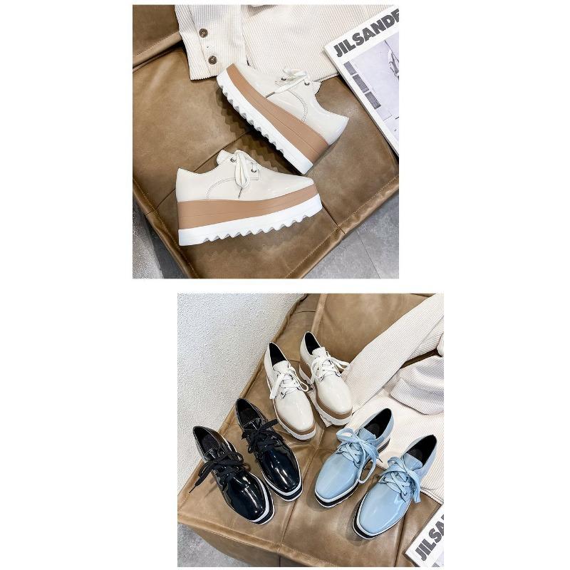 Women's Thick-soled Muffin Shoes, Women's Autumn and Winter Lace-up Square Toe Patent Leather Deep Single Shoes High-heeled Shoes