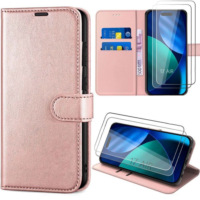 Coque pour iPhone Air - BOOLING - Antichoc Anti-Rayures Cuir Synthétique Rose - 2 Verres Trempés