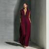 Women's Contrast Striped Sleeveless Stand Collar Deep V Neck Linen Blend Straight Maxi Dress Casual Long Dress