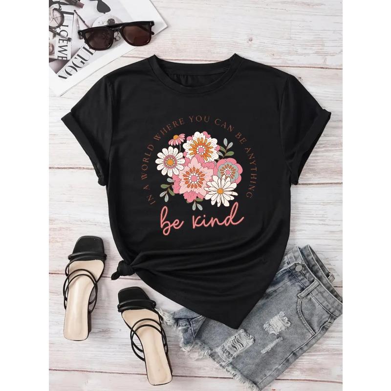 Women's Casual Short-Sleeve Crew Neck T-Shirt with Floral and Letter Print - Perfect Choice for Spring and Summer