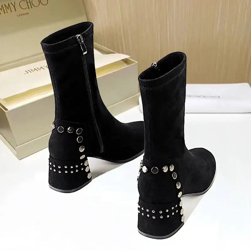 New In Autumn Ladies Mid Calf Shoes Elastic Women's Half High Boots Work Waterproof Trend 2025 Large Size Warm Sale On Offer Pu