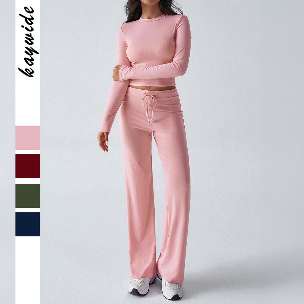 Women's Sports Yoga Long Sleeve T-Shirt Solid Color Pants Set Two Pieces
