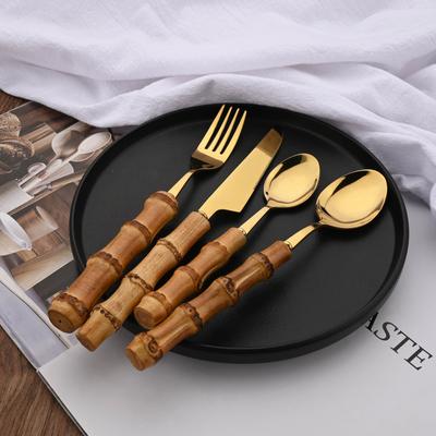 4Pcs Tableware Set Stainless Steel Purely Natural Bamboo Handle Flatware Set Dinnerware Steak Knife Cutlery Bamboo Cutlery Set