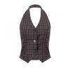 Outfitgirl Street American Style Sexy Retro Plaid Cardigan Button Halterneck Vest Crop-Top Short Top Female
