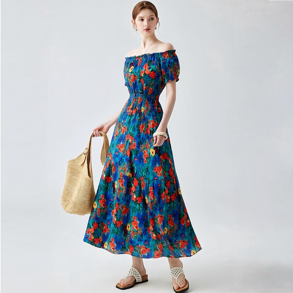 Bohemian Cotton-Silk Floral Printted Off-the-Shoulder French-Style Summer Dress for Women Ethnic-Style Elastic Waistband Pleayed Long Dress