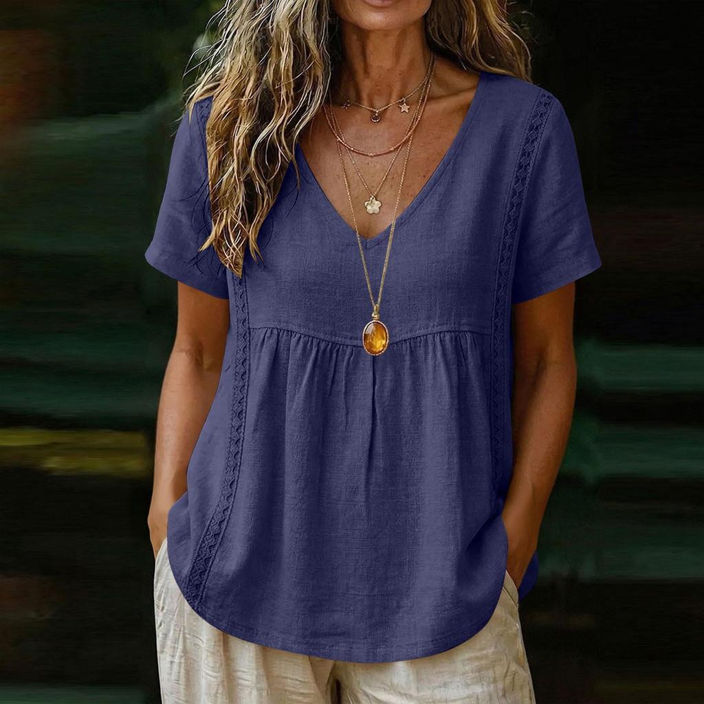 Women Embroidered Short Sleeve V Neck Relaxed Fit Pleated Pullover Blouse Summer Casual Loose Top for Daily Wear