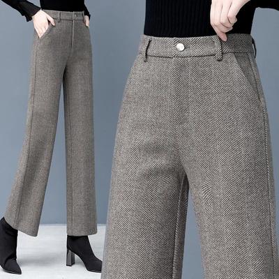 Stylish Mom Bell Bottoms Women's Autumn Winter Mid-age Floral Coffee Black Straight-leg Woolen Pants Front Zip-up Back Elastic