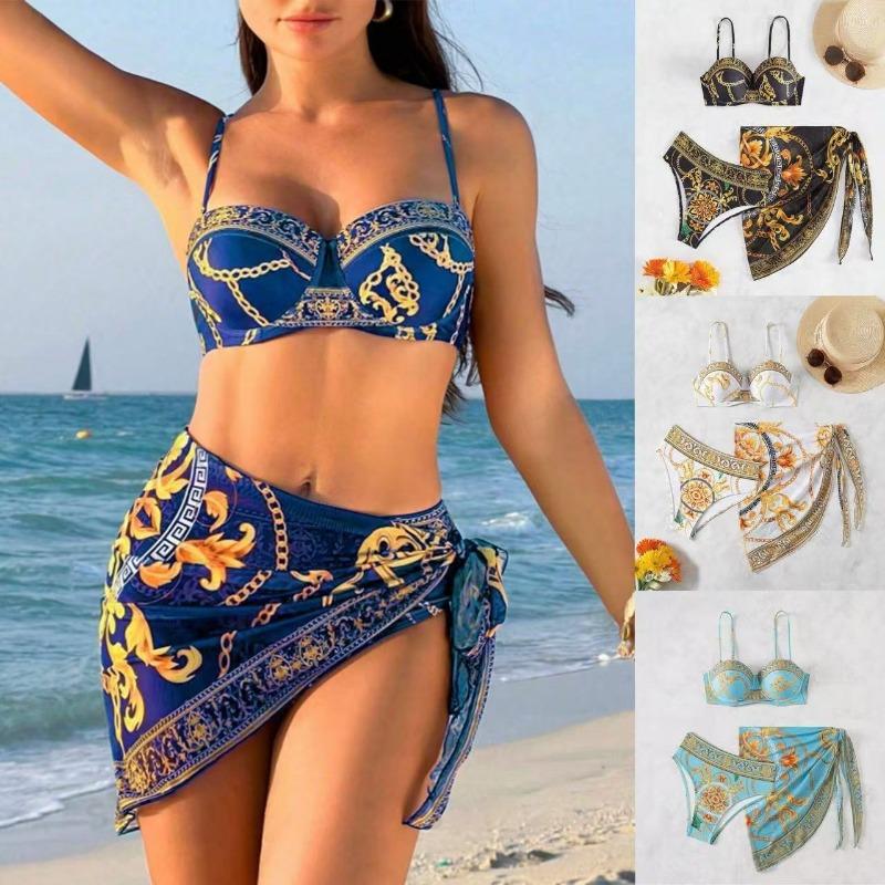 Women's Luxury Baroque Chain Print Bikini Set with Cover Up 3 Piece Swimwear