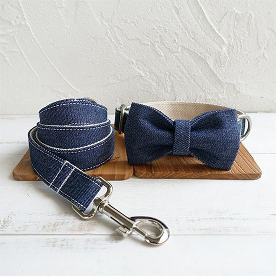 MUTTCO Adjustable Denim Dog Collar with Tear-Resistant Leash and Bow Tie (UDC-036) S