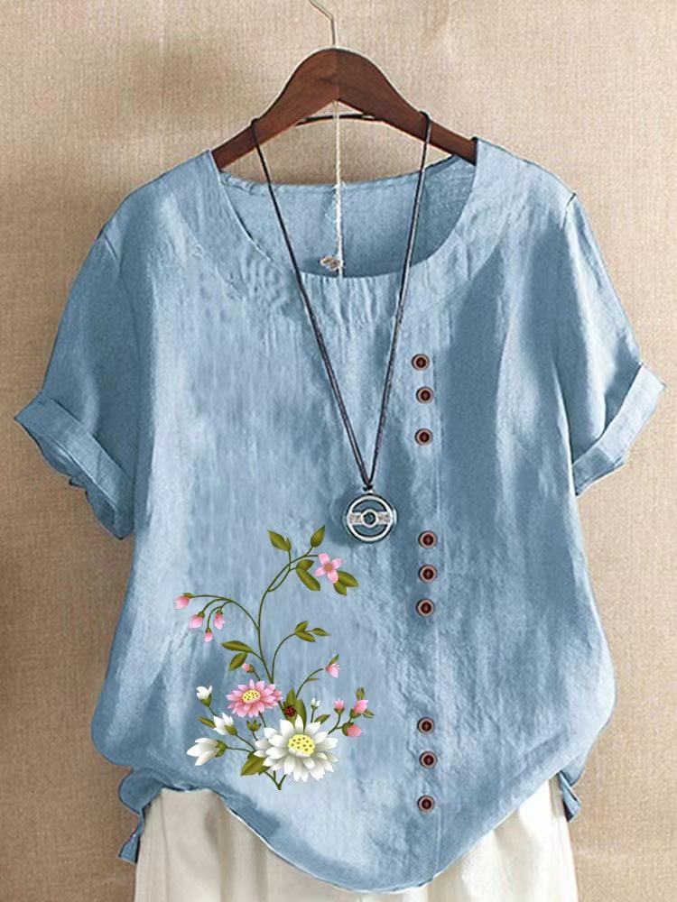 

Женский топ из хлопка и льна с принтом в стиле ретро 2025 года с короткими рукавами больших размеров M светло-синий