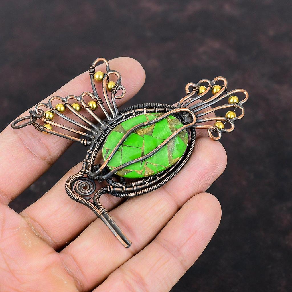 Copper Green Turquoise Pendant Copper Wire Wrapped Pendant Handmade Gemstone Jewelry Bird Design Pendant Gift For Her Antique Copper Jewelry