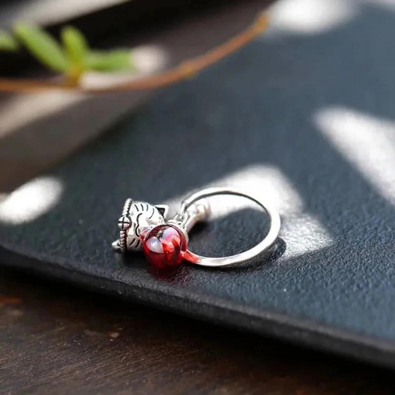 Japansk og koreansk Trendy Ny Sølv Retro Lucky Cat Bell Åpning Justerbar Ring Kvinne Pekefinger Gave