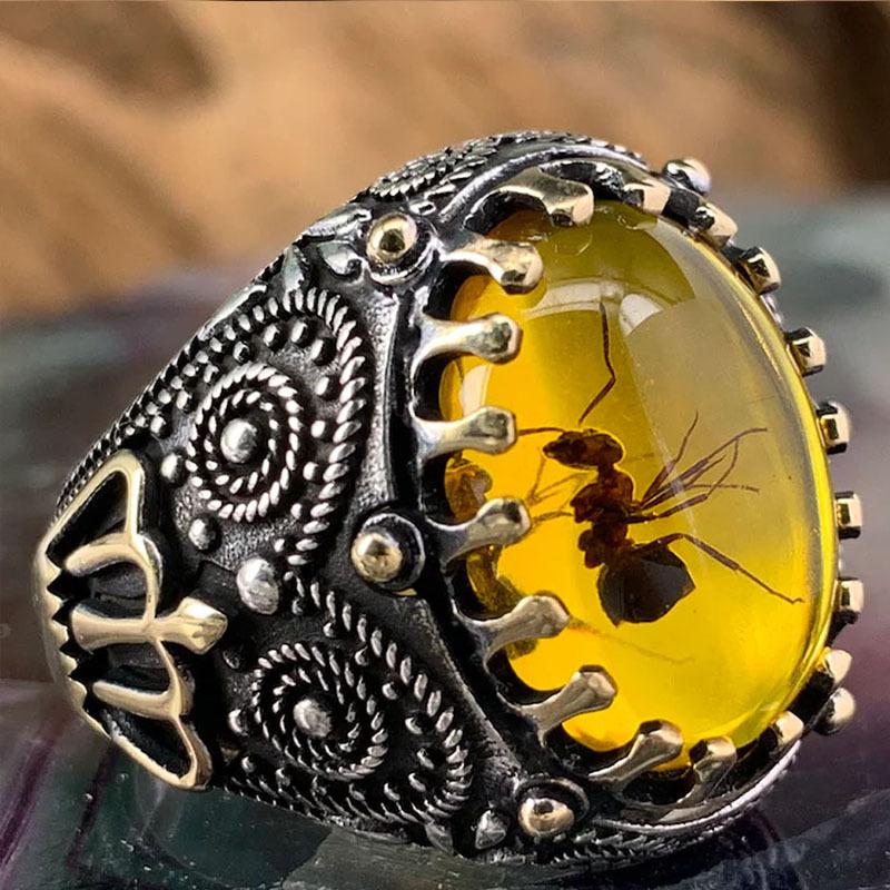 Buy Personality retro two-color male ring yellow amber ant ring at ...