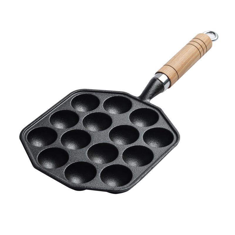 ZISIZ Cast Iron 14-Hole Takoyaki Pan with Wooden Handle