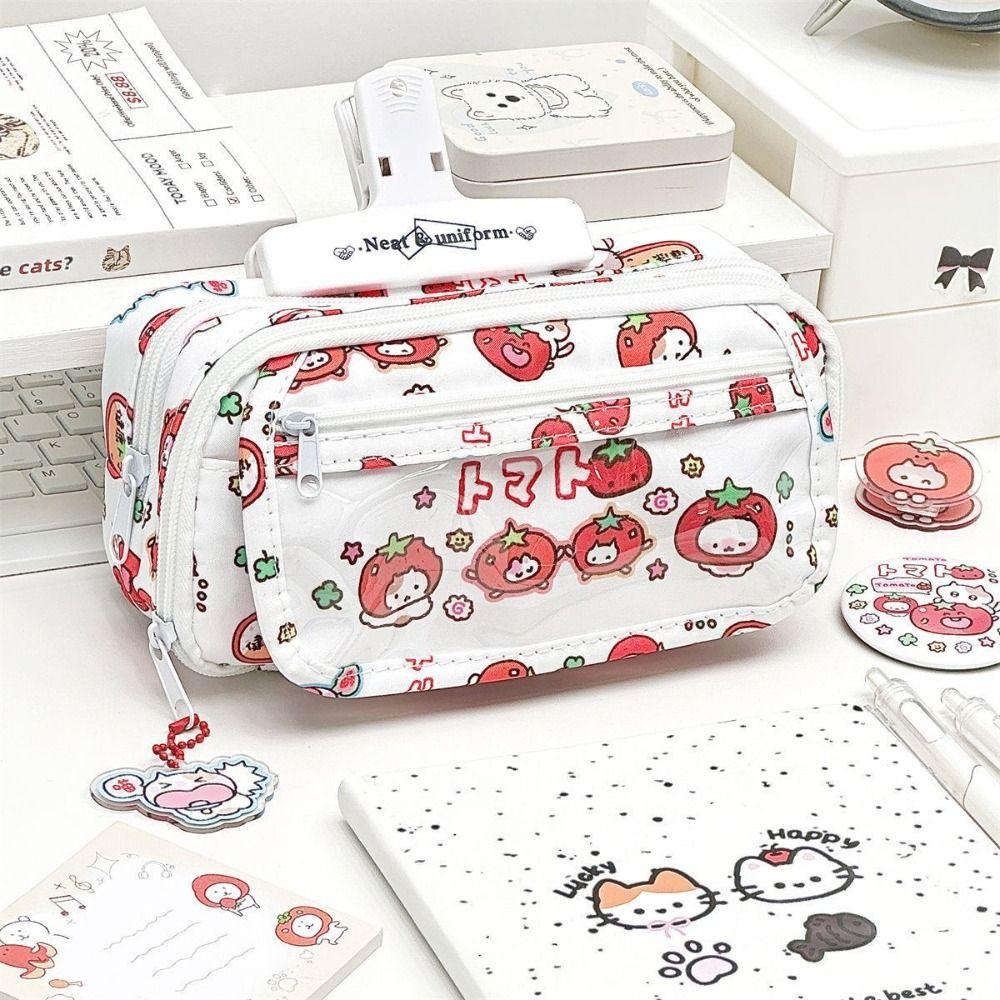 

Multilayer Pen Bag Flip Design Stationery Bag Durable Pencil Case Gift Tomato Kitten