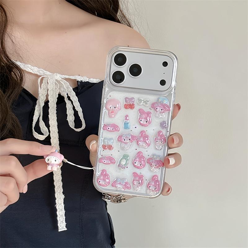 Korean Cute 3D Melody Sanrio Phone Case For iPhone 17 Pro 16 15 14 Pro Max Cover with Pendant Shockproof Cartoon Protective Case