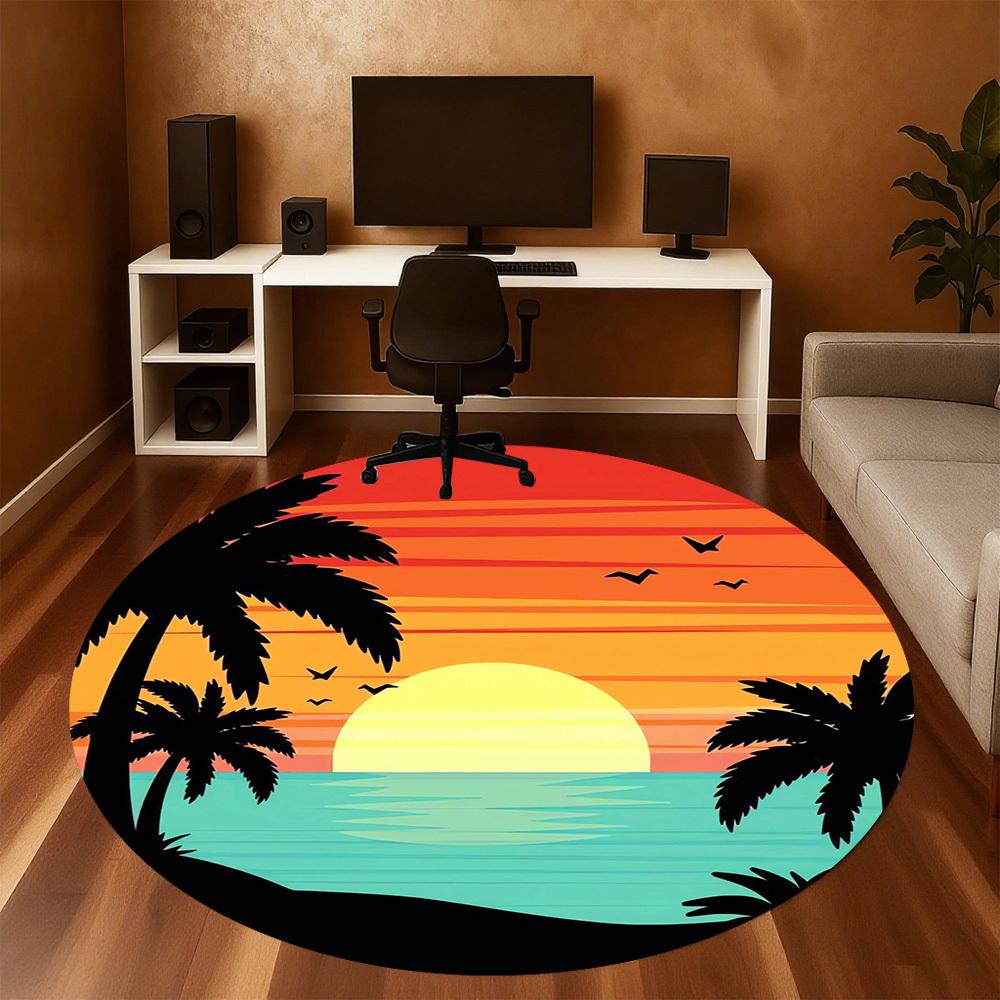 1pc Sunset Palm Trees Round Chair Mat Area Rug - Non-Slip, Floor Mat for Office, Bedroom, Home Decor Christmas Gift P0811203