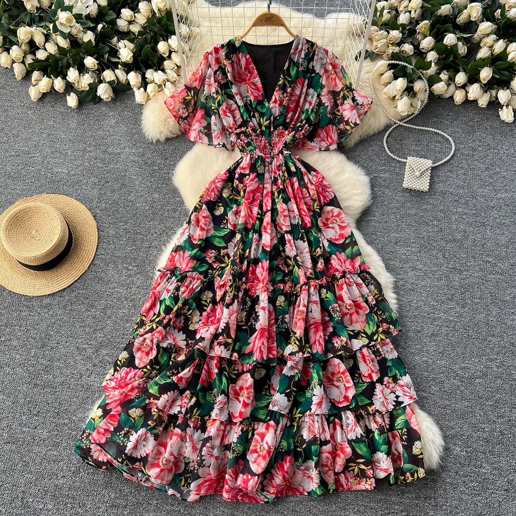 Retro V-Ausschnitt Schmetterlingsärmel Druck Chiffon Elegantes Sommerkleid A-Linie Schlagärmel Urlaubsdruck Damenkleider