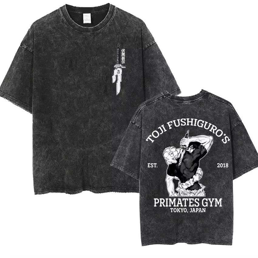 Washed T-Shirt Gojo Satoru Anime Jujutsu Kaisen Harajuku Cotton Retro Men Streetwear Oversized Women Short Sleeves