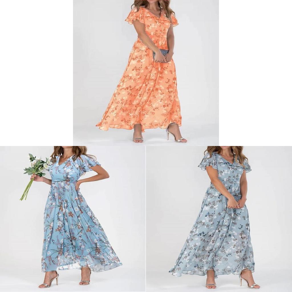 Basic Style Flowy Chiffon Floral Maxi Dress With Ruffle V Neck For Summer Casual Wear
