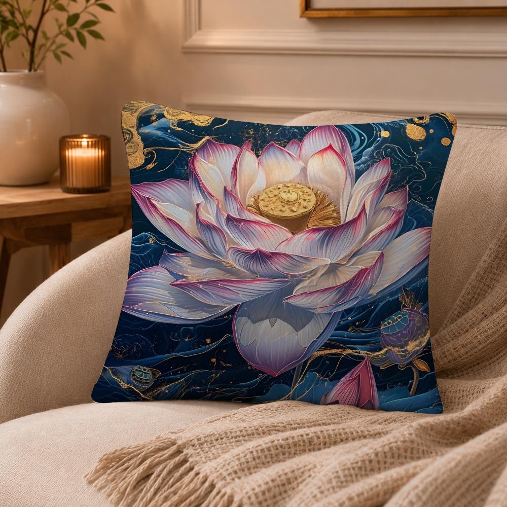 Lotus Flower Cushion Cover Anti-dustmite Pillowcase Invisible Zipper Silky Short Plush Sofa Cushion Cover