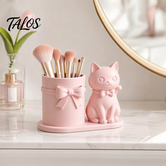 Cat Pen Holder, Cute Kitty Desk Organizer with Pens, Pencils, Makeup Brushes, 3D Printed Cat Sculpture for Home Office Desk Decor