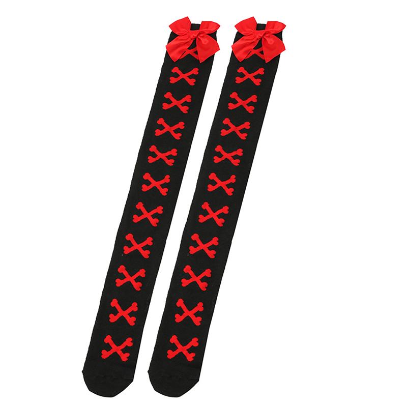 1 Paar Mädchen Schwarz Süß Niedlich Rosa Y2K Harajuku Lolita Oberschenkelhohe Strümpfe Mädchen Knochen Schleife Socken Streetwear