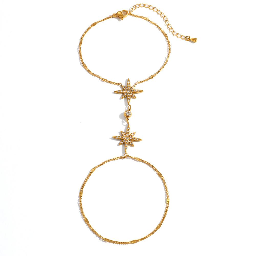 Trendy Star Zircon Pearl Shell One-piece Finger Wrist 18K Gold Plated Stainless Steel Chain Bracelet Fashion Jewelry
