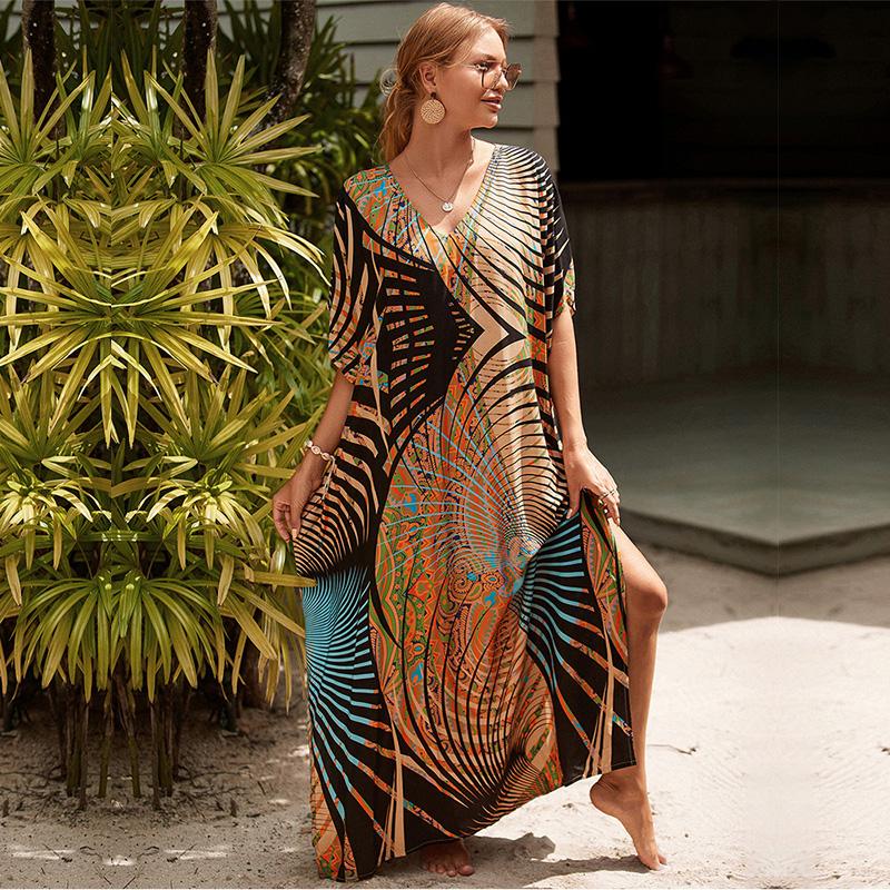 EDOLYNSA Různobarevné Kaftan Bohemian Potištěné Maxi šaty Batwing Sleeve Sleeve Sleeve Women Dámské plážové oblečení Polorukáv Maxi šaty Robe Q1342